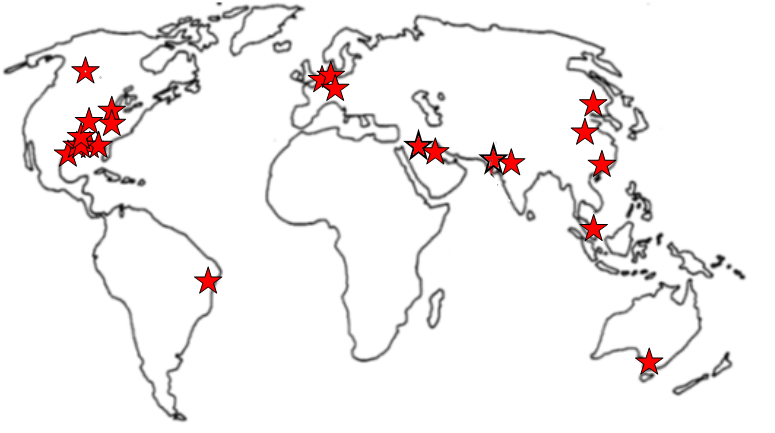 This is a map representing where we are currently holding operations. Stars in North and South Americas as well as Europe, The middle east, India, China and Australia.